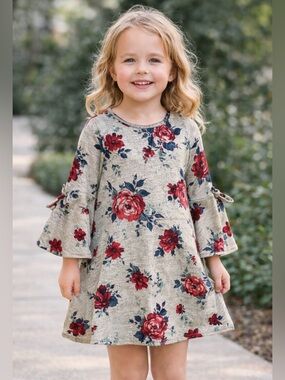 Violets & Roses Youth XL Size 16 Floral Bell Sleeve Dress Rose Print Knit NEW